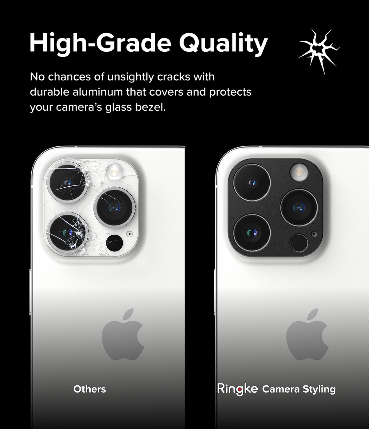 iPhone 15 Pro Max / 15 Pro | Camera Styling - Comparison of a cracked iPhone camera lens versus one protected by an aluminum cover.