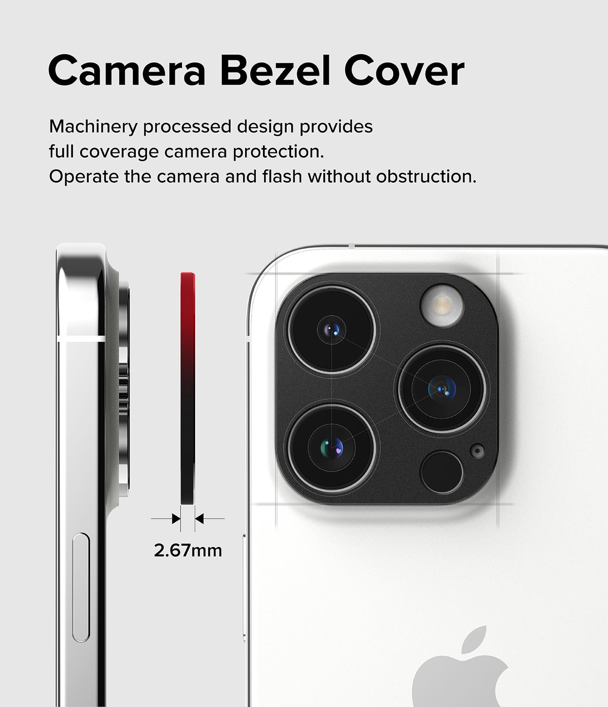 iPhone 15 Pro Max / 15 Pro | Camera Styling - Side and back view of a phone showing a 2.67mm camera bezel cover.