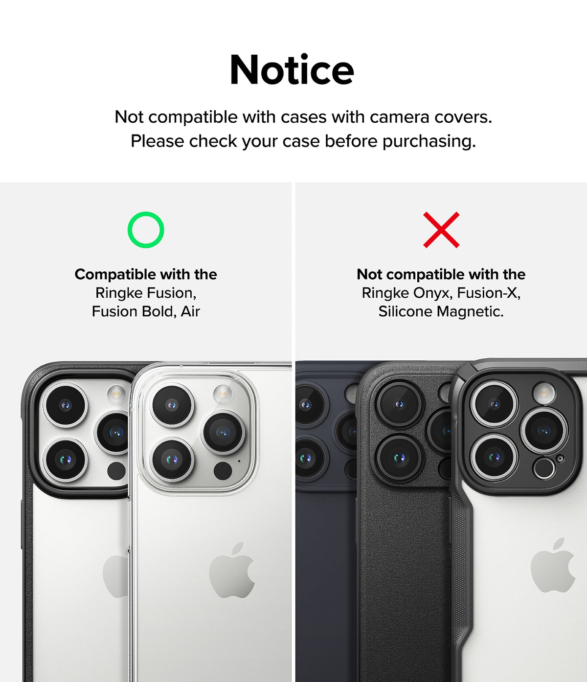 iPhone 15 Pro Max / 15 Pro | Camera Styling - Compatibility chart showing iPhone cases that work and do not work with camera styling.