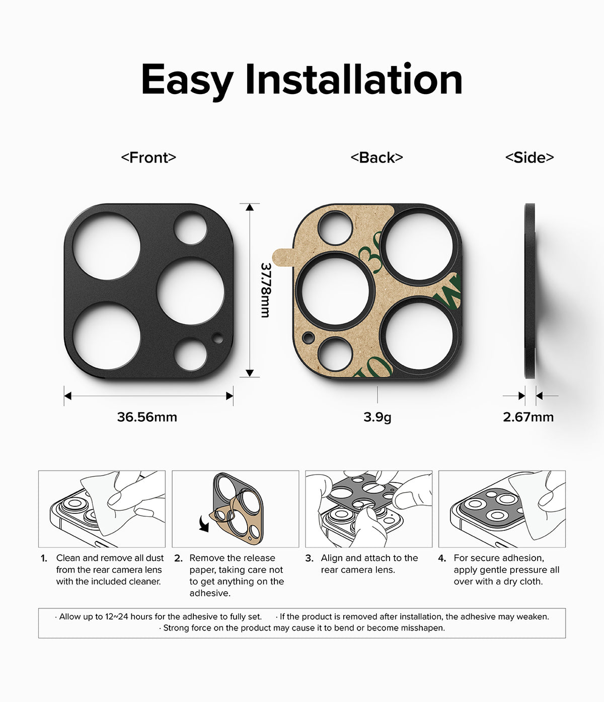 iPhone 15 Pro Max / 15 Pro | Camera Styling - Dimensions and four-step installation guide for a camera lens protector.
