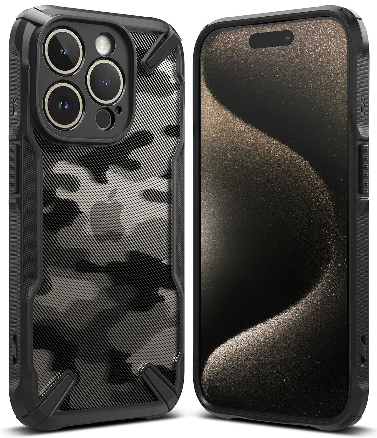 iPhone 15 Pro Case | Fusion-X - Black camouflage protective case with textured edges shown from front and back views.