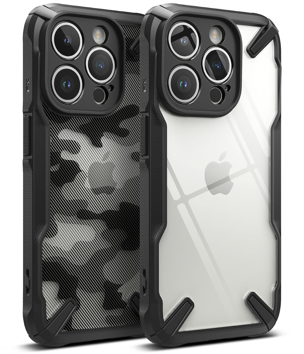 iPhone 15 Pro Max Case | Fusion-X - Two rugged black phone cases, one with camo pattern and one clear, showing triple-lens cameras.