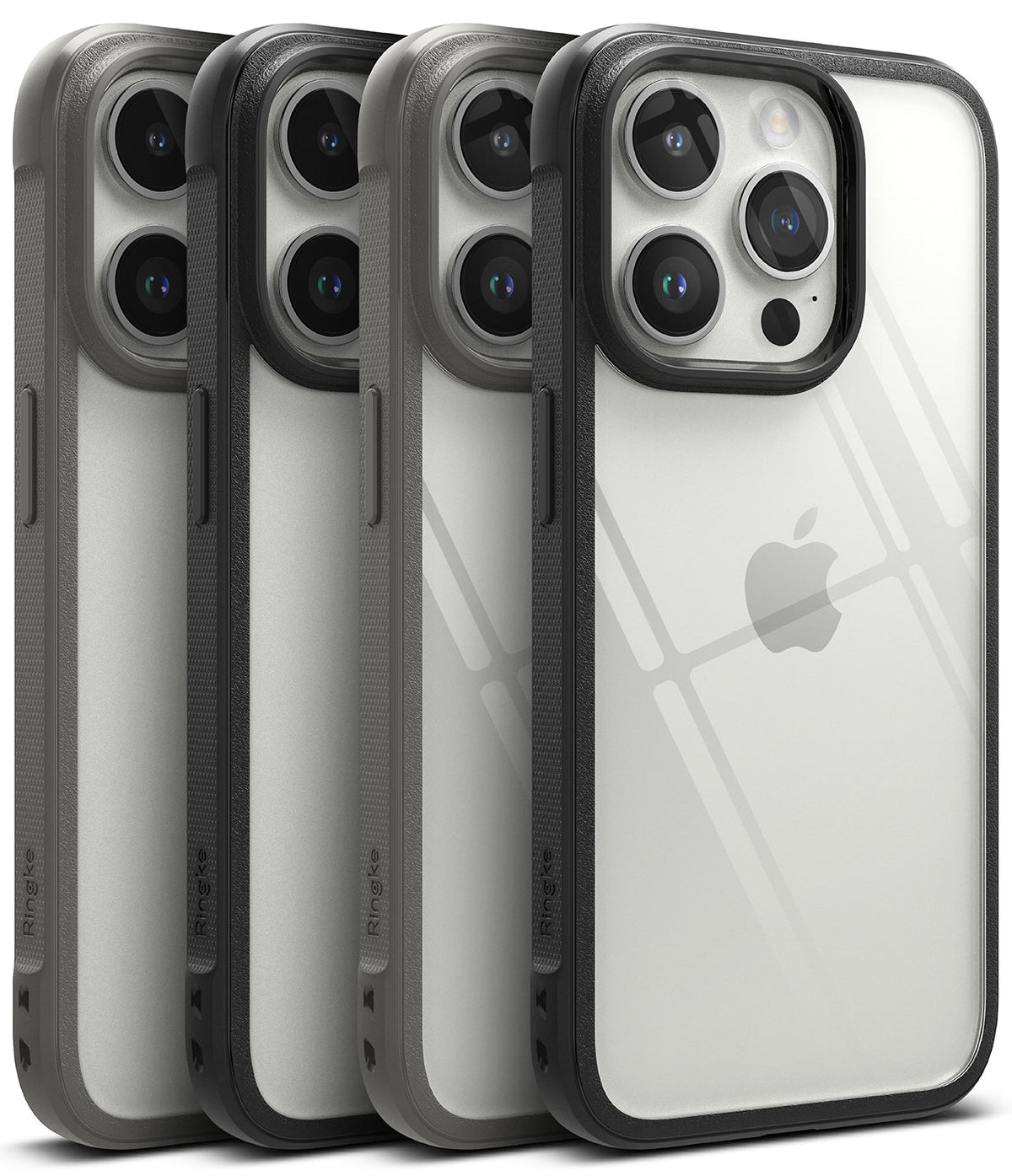 iPhone 15 Pro Case | Fusion Bold - Four iPhone 15 Pro phones in clear, black-rimmed protective cases arranged in a row.
