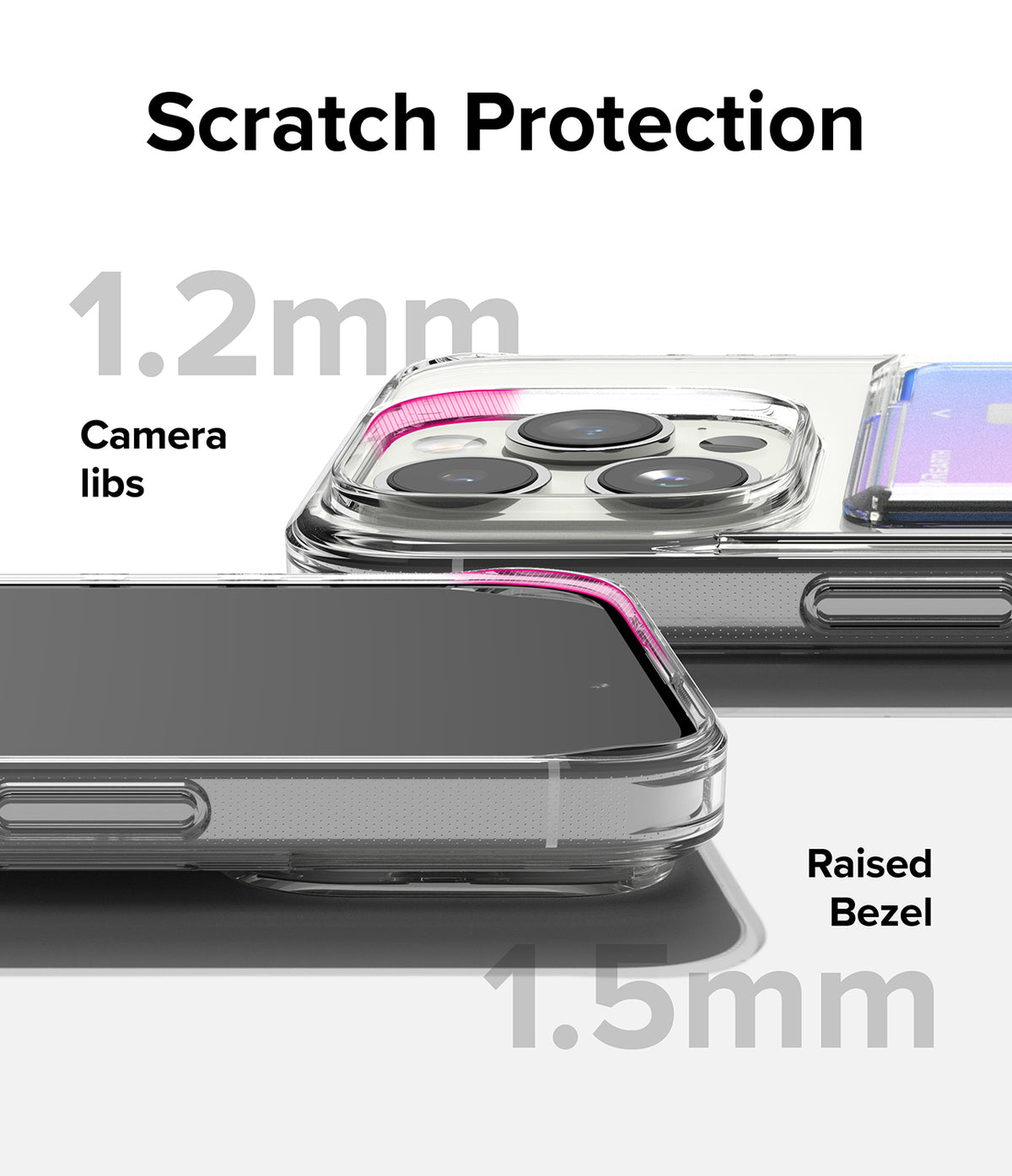 iPhone 15 Pro Case | Fusion Card - Close-up of clear phone case showing 1.2mm camera lens protection and 1.5mm raised screen bezel.