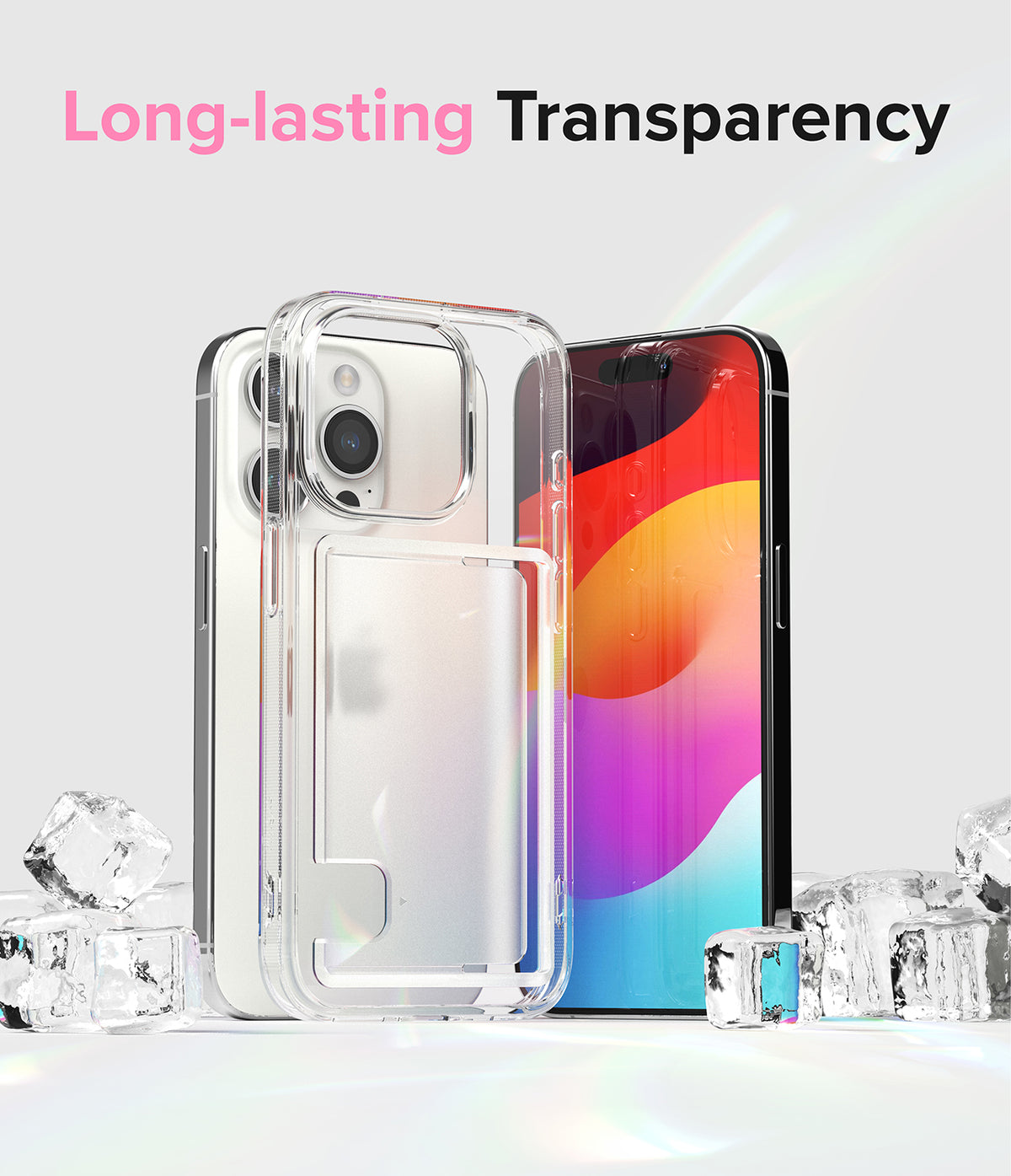 iPhone 15 Pro Case | Fusion Card - Clear phone case with card slot standing among ice cubes against a light background.