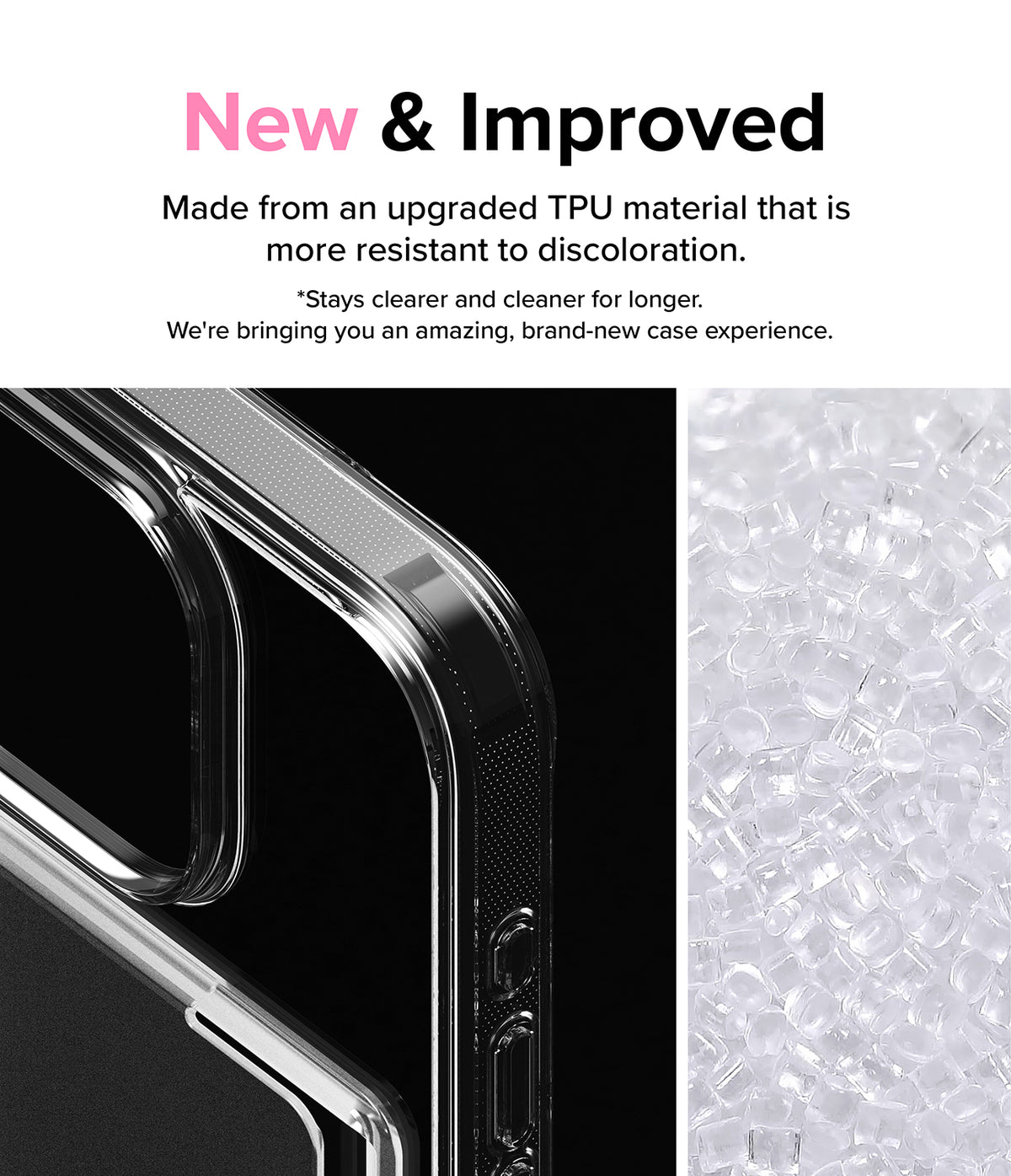 iPhone 15 Pro Case | Fusion Card - Clear phone case corner detail next to a pile of raw TPU plastic pellets.