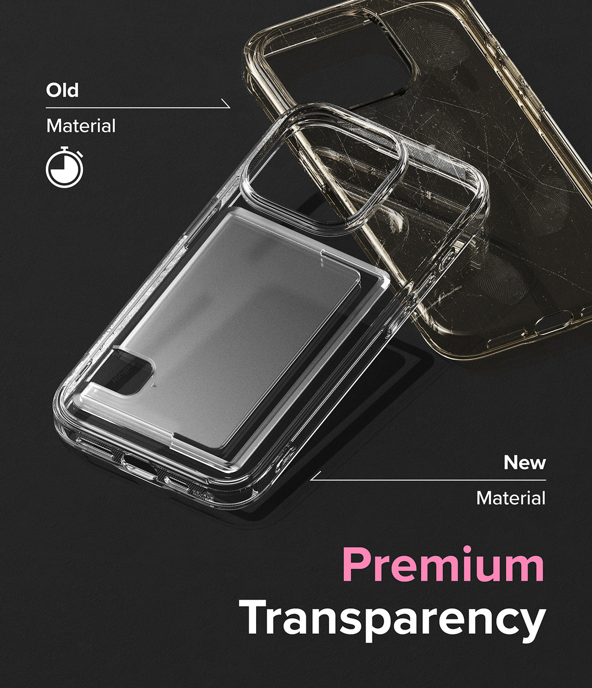 iPhone 15 Pro Case | Fusion Card - Comparison of a yellowed old phone case and a clear new premium material case.
