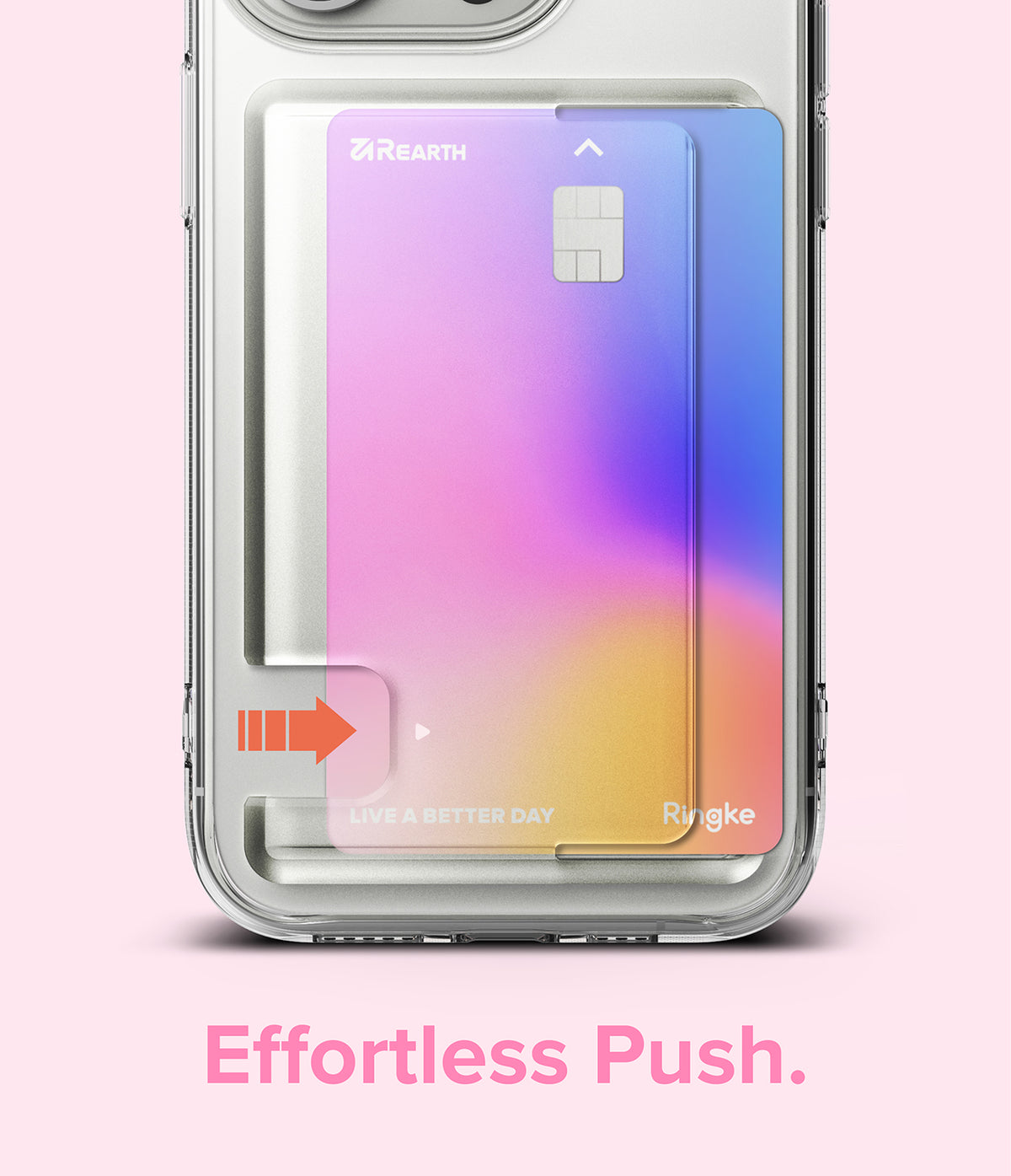 iPhone 15 Pro Case | Fusion Card - Clear phone case with a gradient card slot and a red arrow indicating a sliding motion.