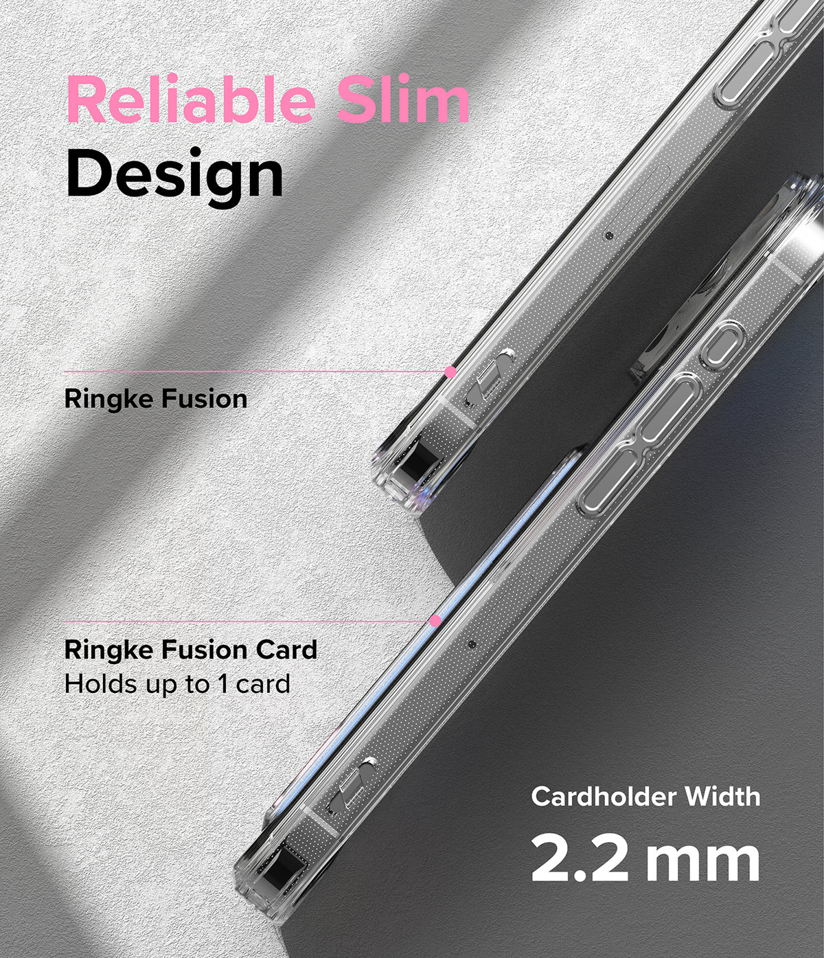 iPhone 15 Pro Case | Fusion Card - Two clear phone cases side-by-side highlighting a slim 2.2mm cardholder design.