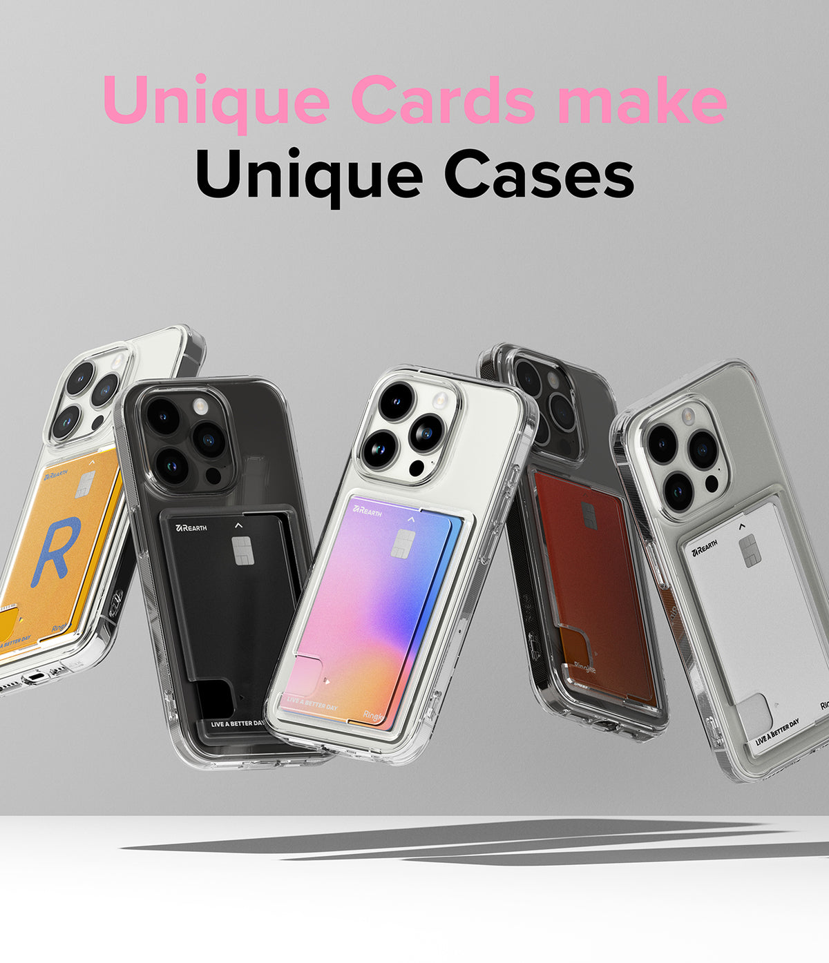 iPhone 15 Pro Case | Fusion Card - Five clear iPhone 15 Pro cases with various colorful card inserts floating against a grey background.