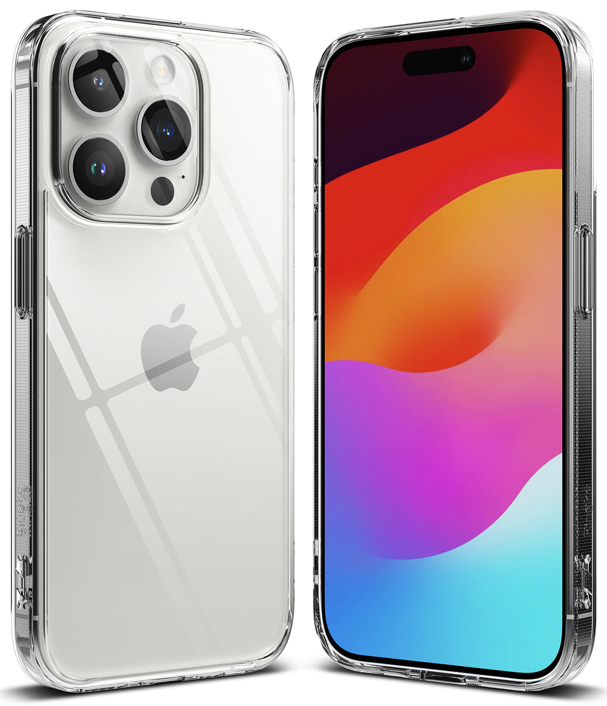 iPhone 15 Pro Case | Fusion - Clear protective case shown from back and front views on an iPhone 15 Pro with a colorful screen.