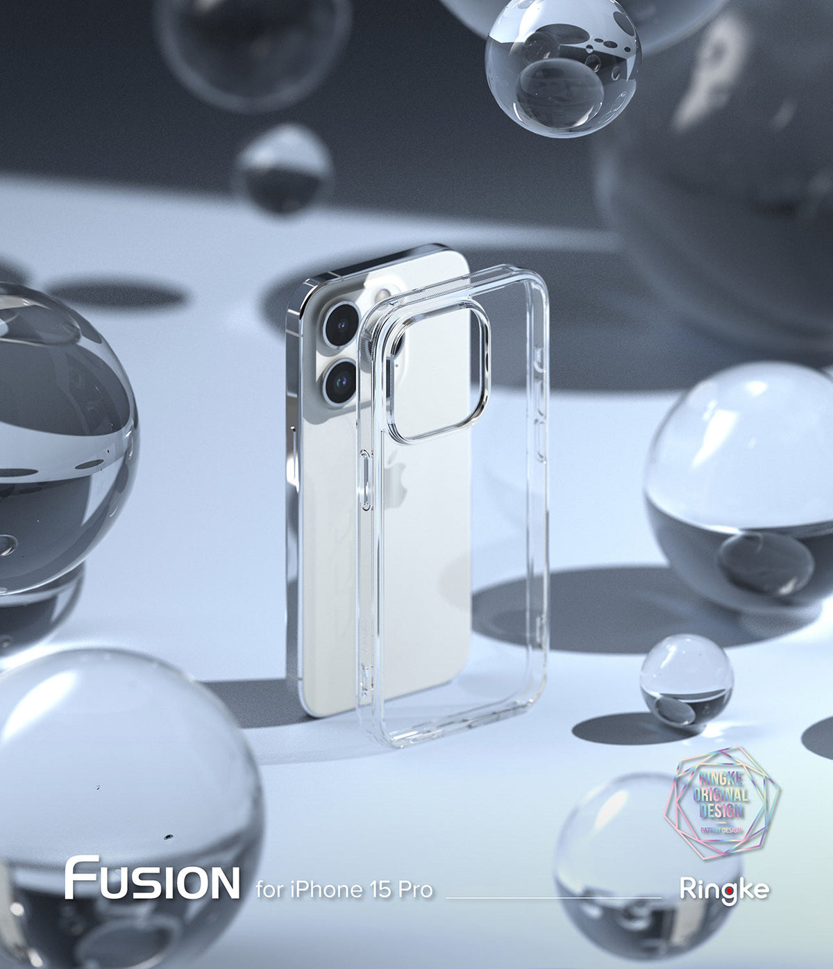 iPhone 15 Pro Case | Fusion - Clear phone case standing next to an iPhone 15 Pro surrounded by floating glass spheres.