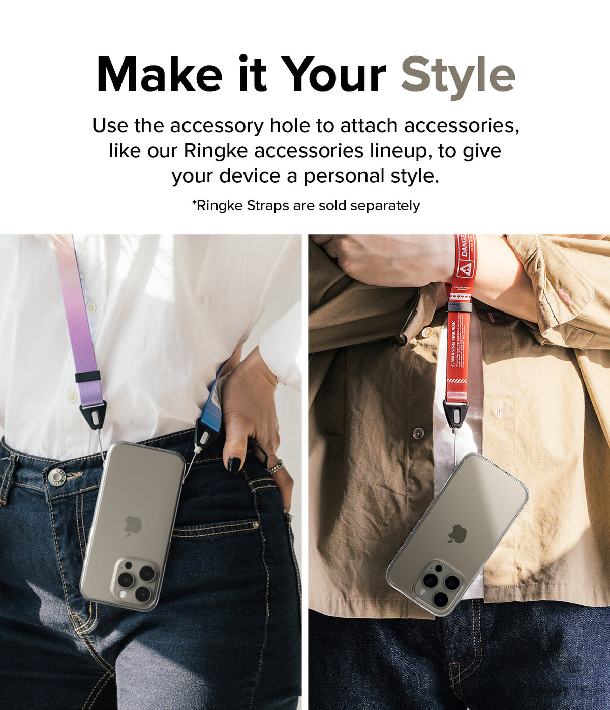 iPhone 15 Pro Case | Fusion - Two people wearing iPhone 15 Pro cases with colorful accessory straps attached to the phone.