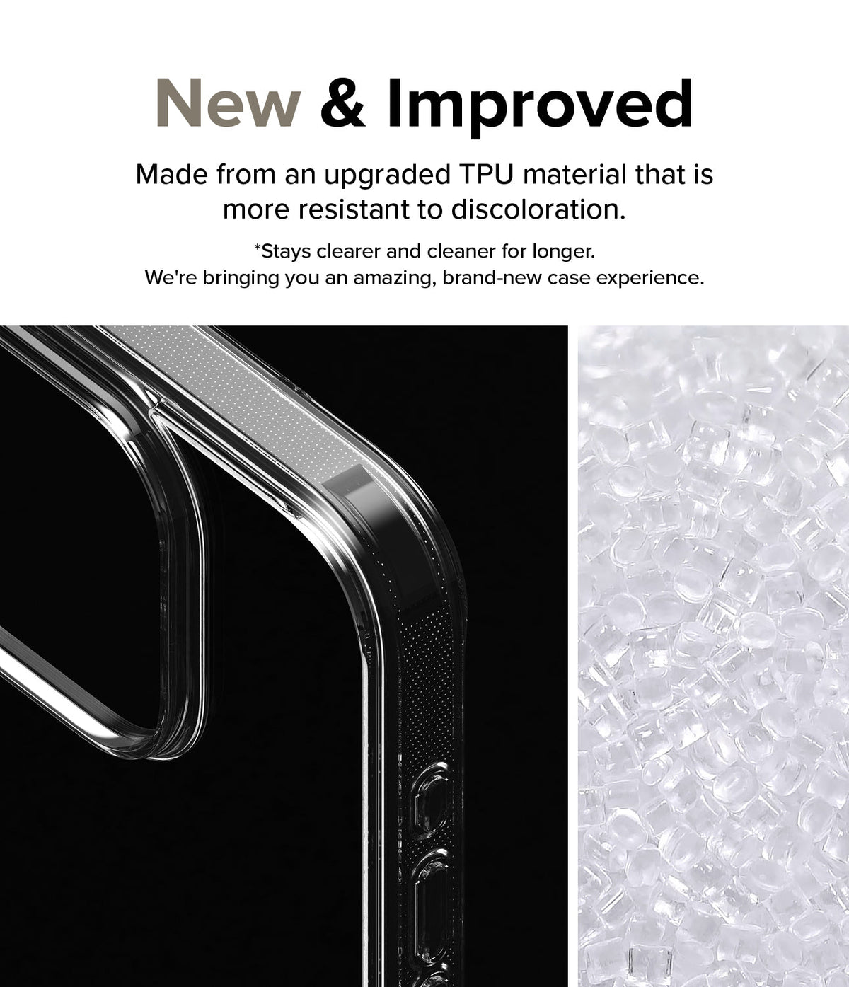 iPhone 15 Pro Case | Fusion - Close-up of a clear phone case corner next to a pile of raw, transparent TPU plastic pellets.