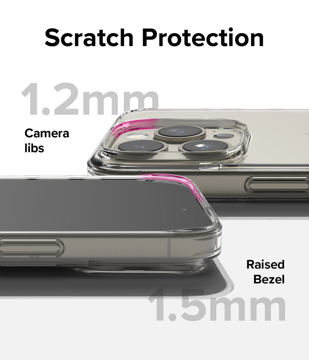 iPhone 15 Pro Case | Fusion - Clear phone case showing 1.2mm camera lip and 1.5mm raised screen bezel for scratch protection.