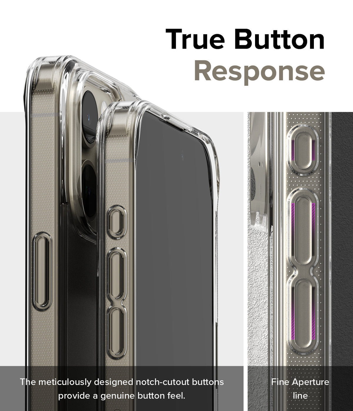 iPhone 15 Pro Case | Fusion - Close-up of clear phone case buttons with notch-cutout design for tactile button response.