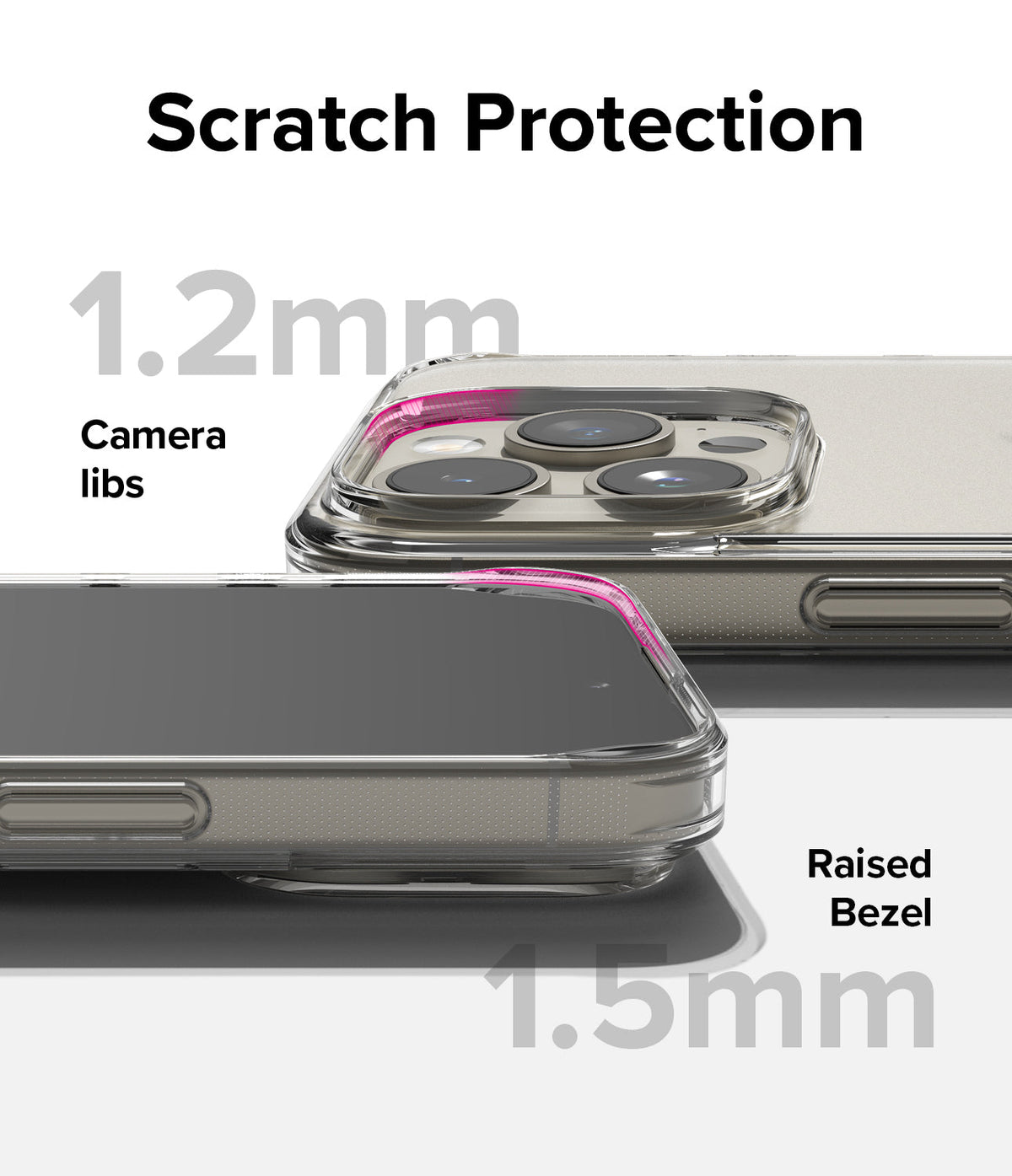 iPhone 15 Pro Case | Fusion - Close-up of phone case showing 1.2mm camera lip and 1.5mm raised screen bezel for scratch protection.