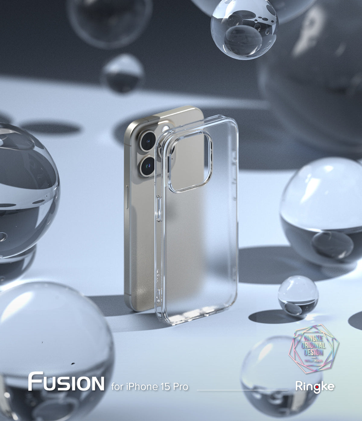 iPhone 15 Pro Case | Fusion - Clear phone case standing next to a gold iPhone 15 Pro surrounded by floating glass spheres.