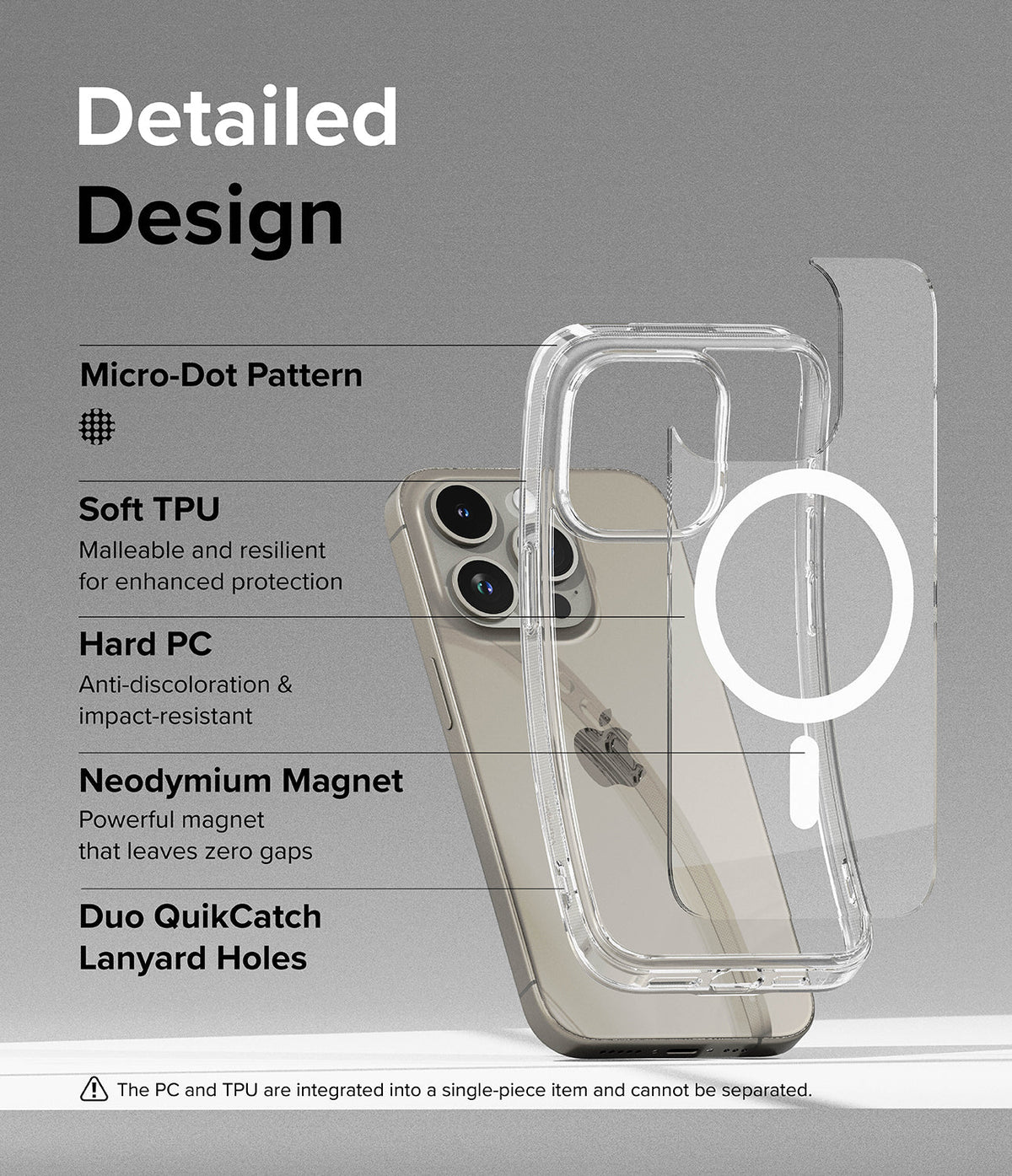 iPhone 15 Pro Case | Fusion Magnetic - Exploded view of a clear phone case highlighting magnetic, TPU, and PC features.