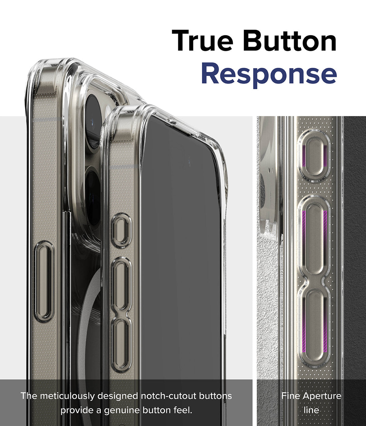 iPhone 15 Pro Case | Fusion Magnetic - Close-up of clear phone case buttons with notch-cutouts for tactile response.