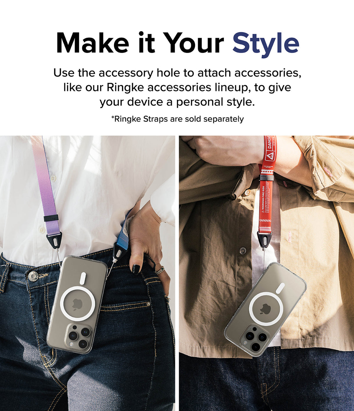 iPhone 15 Pro Case | Fusion Magnetic - Two people wearing phones in clear cases with colorful lanyards attached to accessory holes.