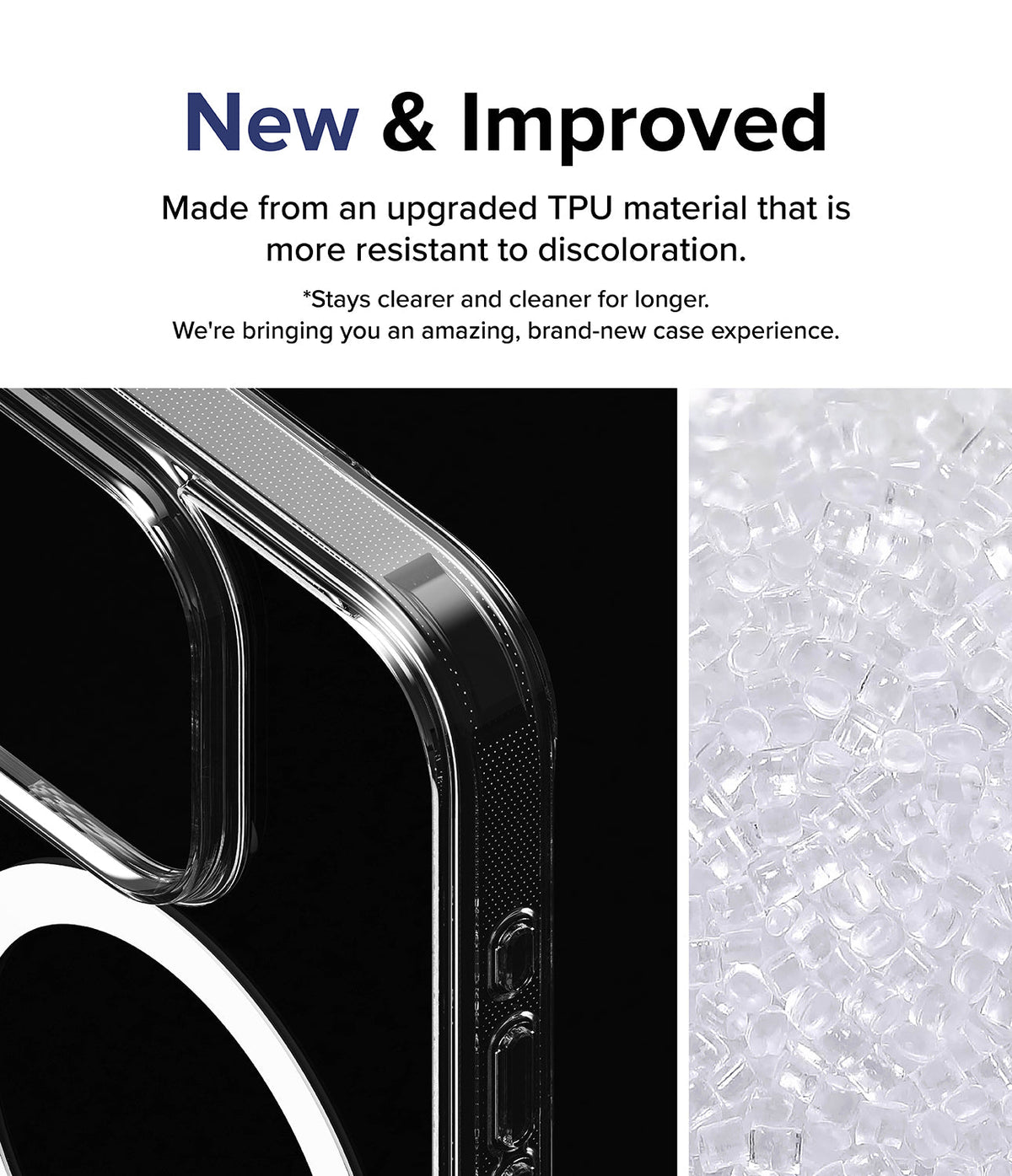 iPhone 15 Pro Case | Fusion Magnetic - Clear phone case corner detail next to raw TPU material pellets.