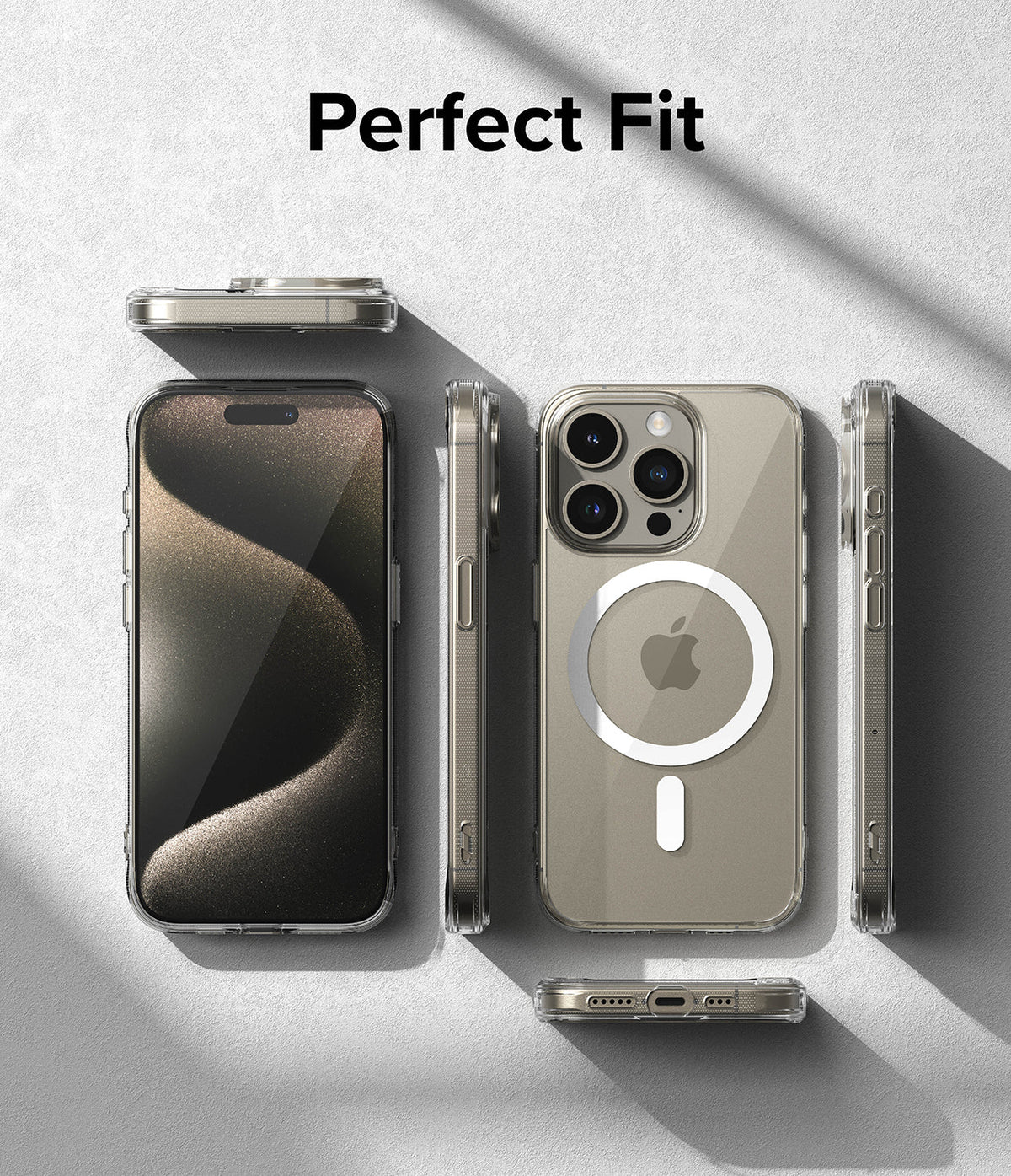 iPhone 15 Pro Case | Fusion Magnetic - Clear iPhone 15 Pro case shown from multiple angles with a white MagSafe ring on the back.