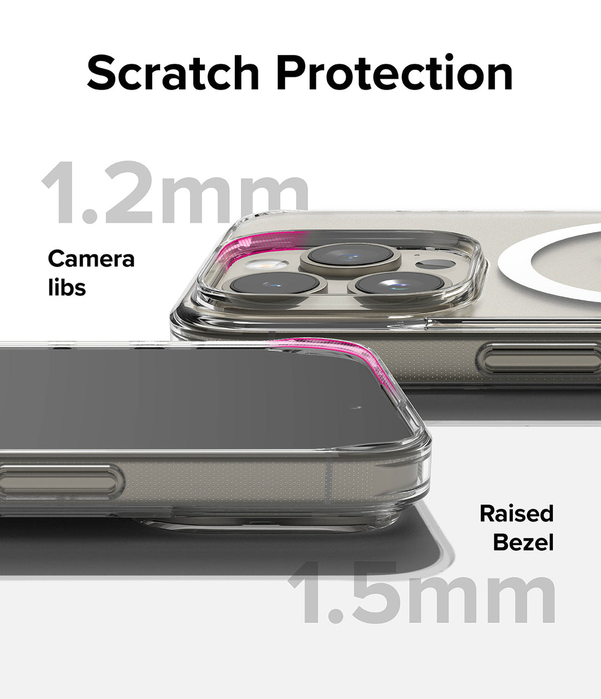 iPhone 15 Pro Case | Fusion Magnetic - Close-up of clear phone case showing 1.2mm camera lip and 1.5mm raised screen bezel.