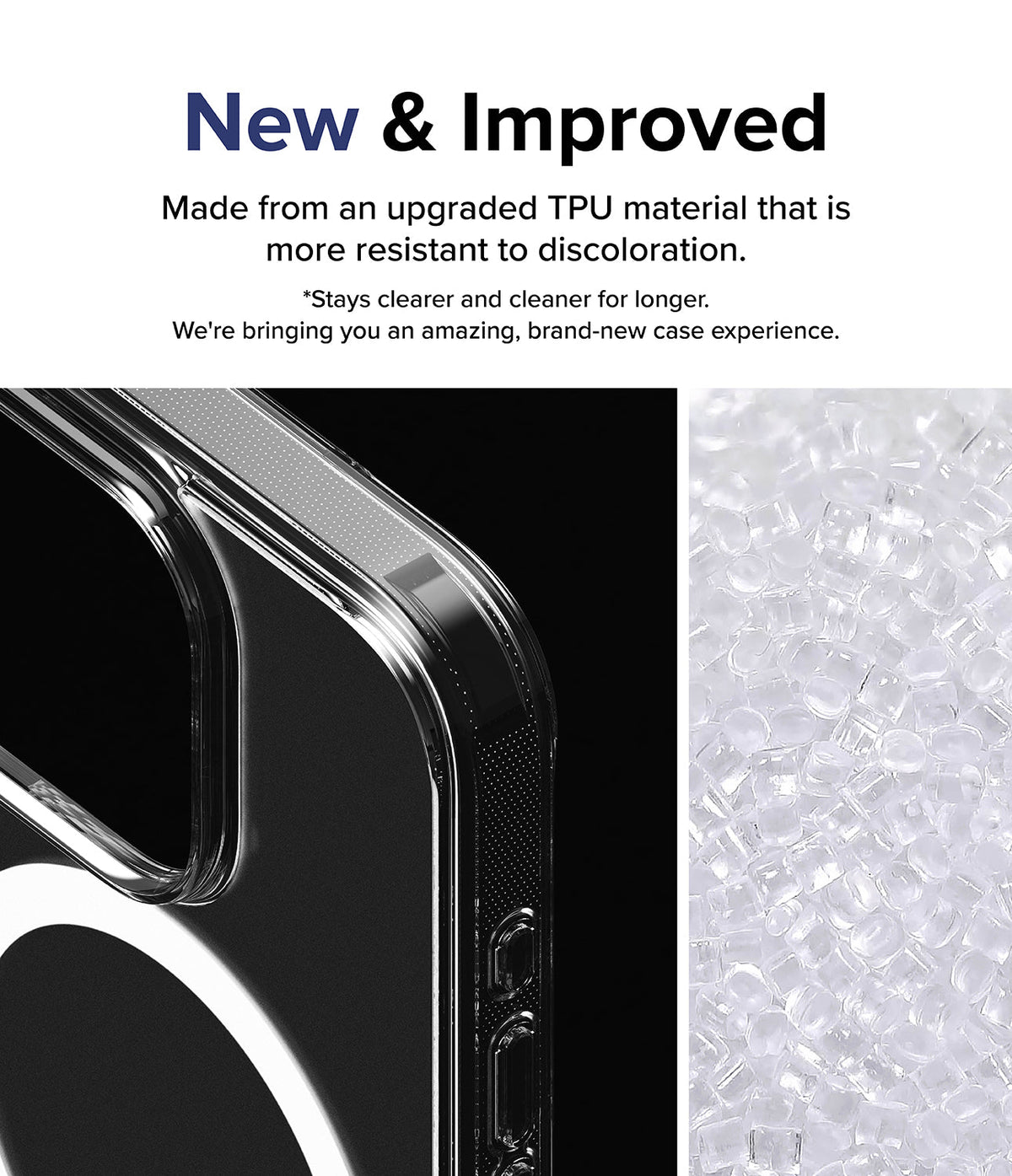 iPhone 15 Pro Case | Fusion Magnetic - Clear phone case corner detail next to a pile of raw TPU plastic pellets.