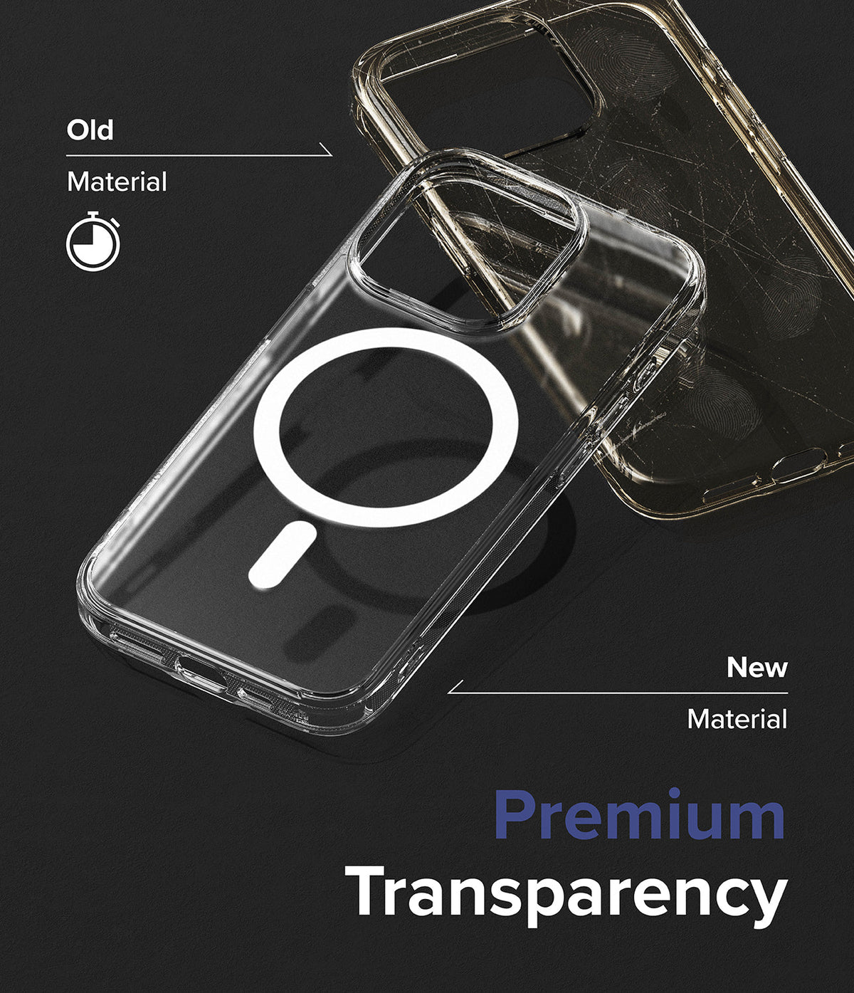 iPhone 15 Pro Case | Fusion Magnetic - Comparison of a yellowed old phone case and a clear new MagSafe case.