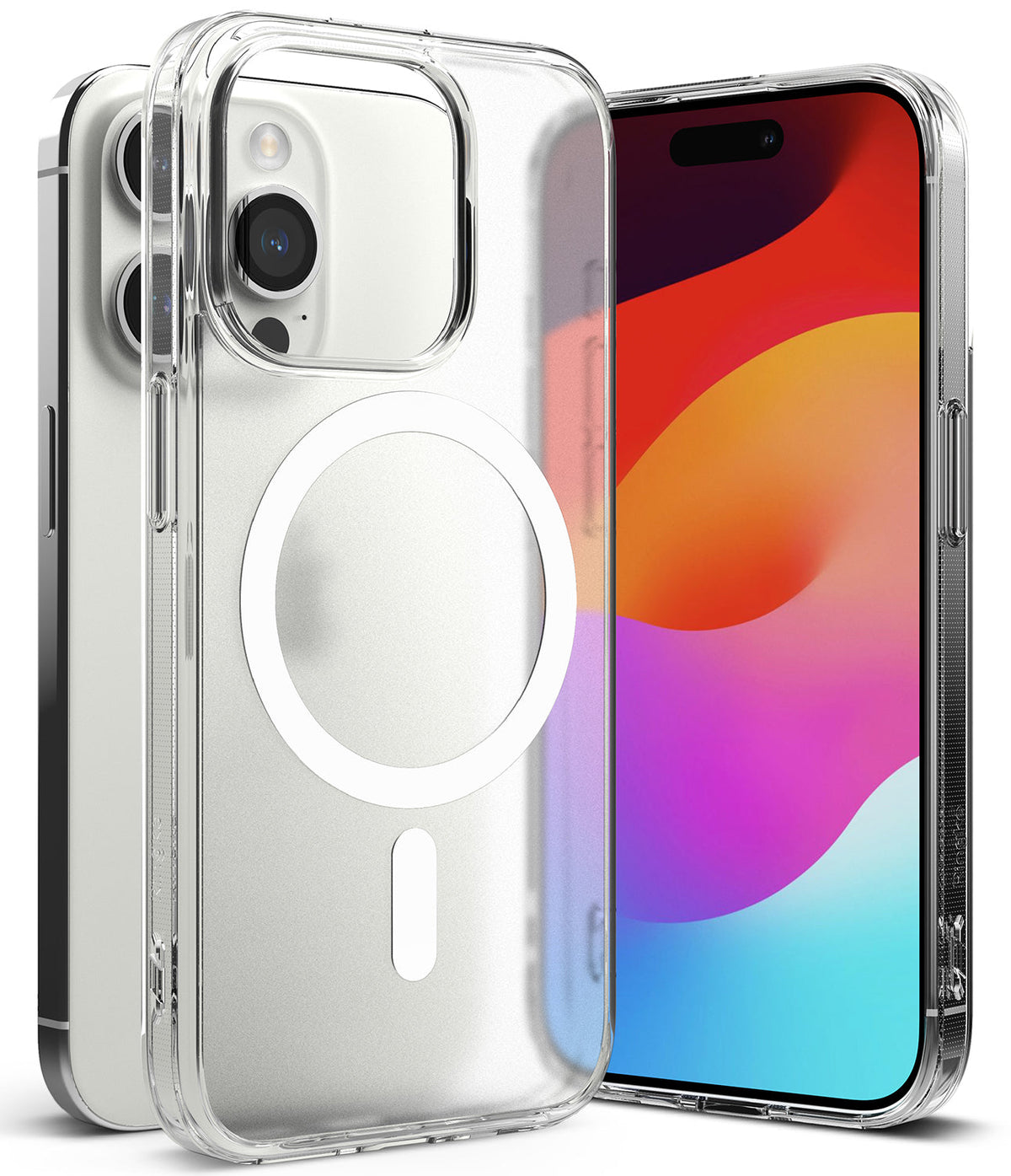 iPhone 15 Pro Case | Fusion Magnetic - Clear protective case with white MagSafe ring on a silver iPhone 15 Pro.