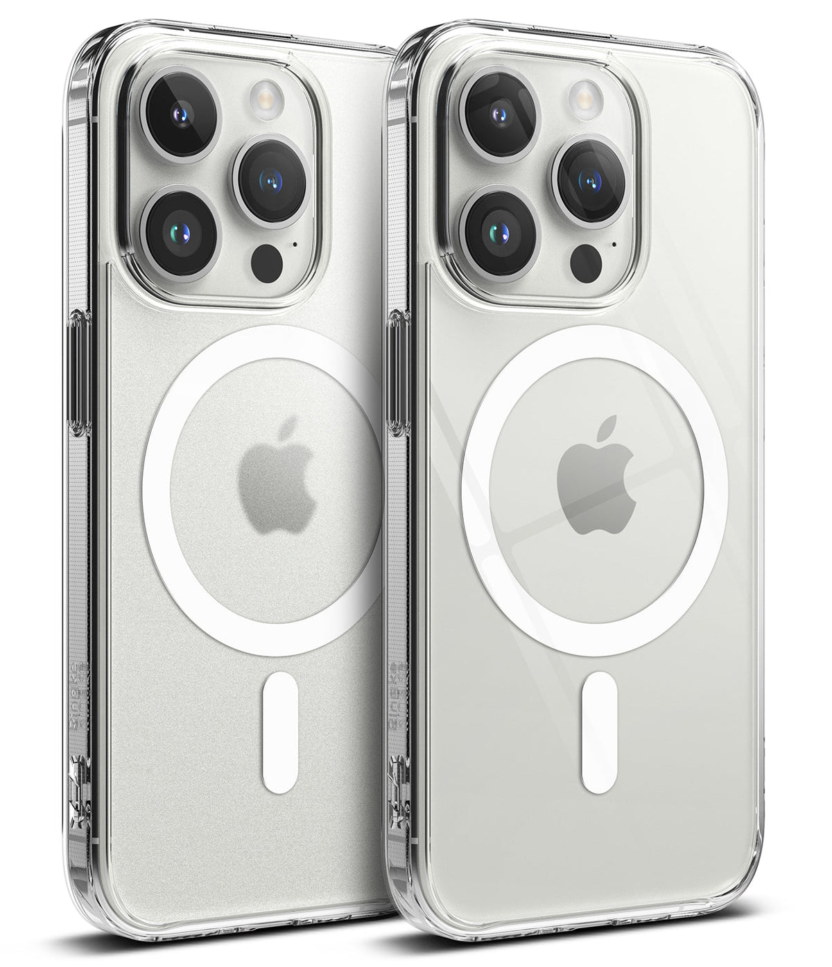 iPhone 15 Pro Max Case | Fusion Magnetic - Two clear iPhone cases with white MagSafe rings and Apple logos on white.