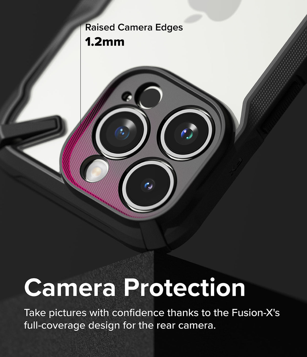 iPhone 15 Pro Case | Fusion-X - Close-up of phone camera with 1.2mm raised protective edges and text highlighting camera protection.