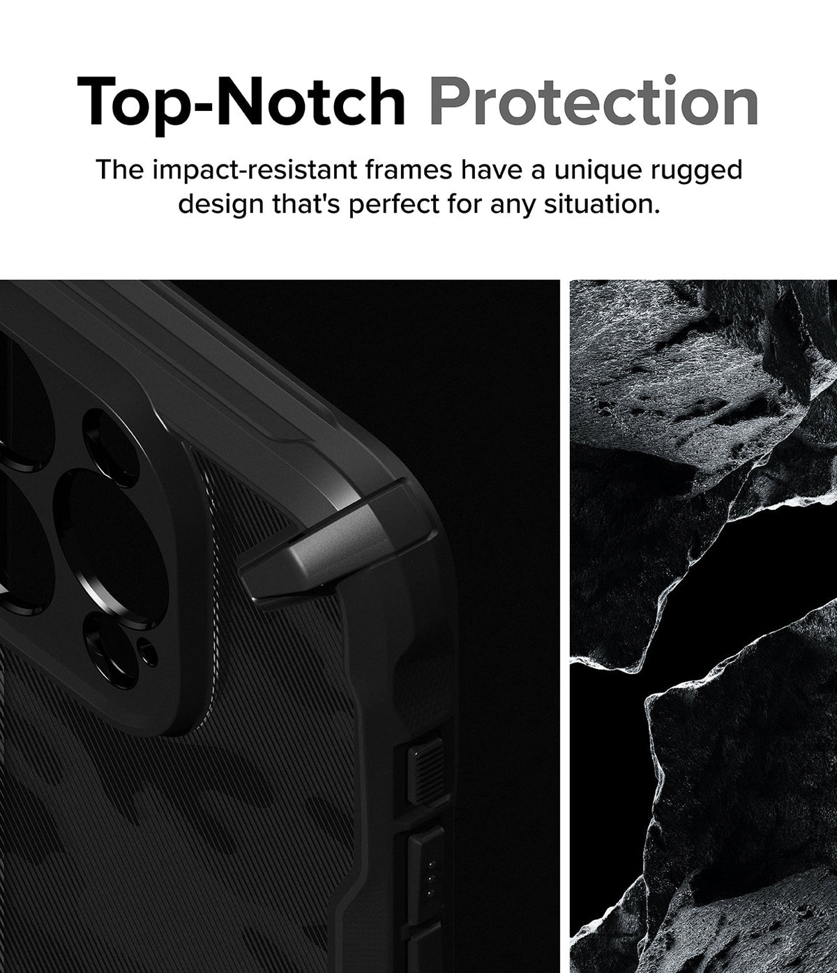 iPhone 15 Pro Case | Fusion-X - Close-up of a black rugged phone case corner next to a textured rock surface.