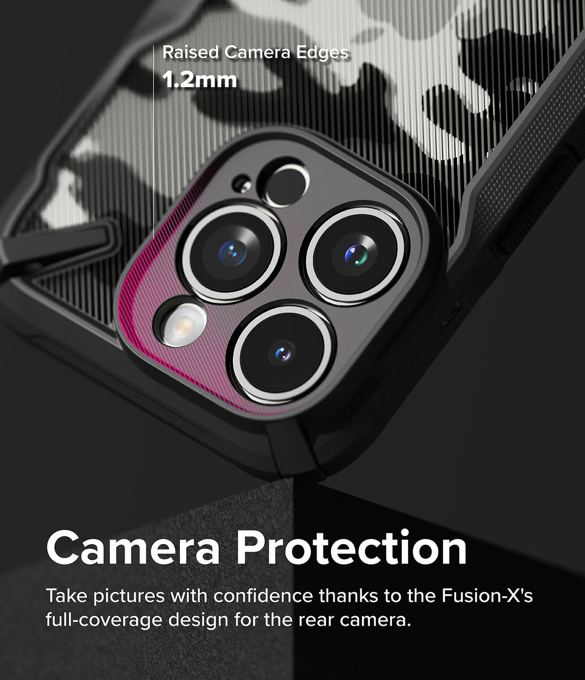 iPhone 15 Pro Case | Fusion-X - Close-up of phone case highlighting 1.2mm raised edges for camera lens protection.