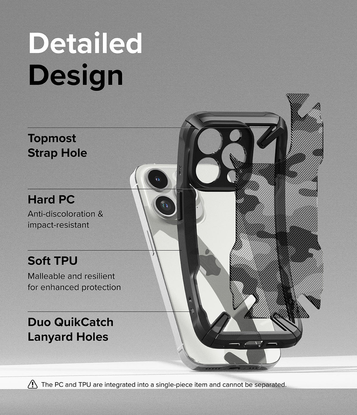 iPhone 15 Pro Case | Fusion-X - Exploded view of a phone case highlighting strap holes, hard PC, and soft TPU materials.