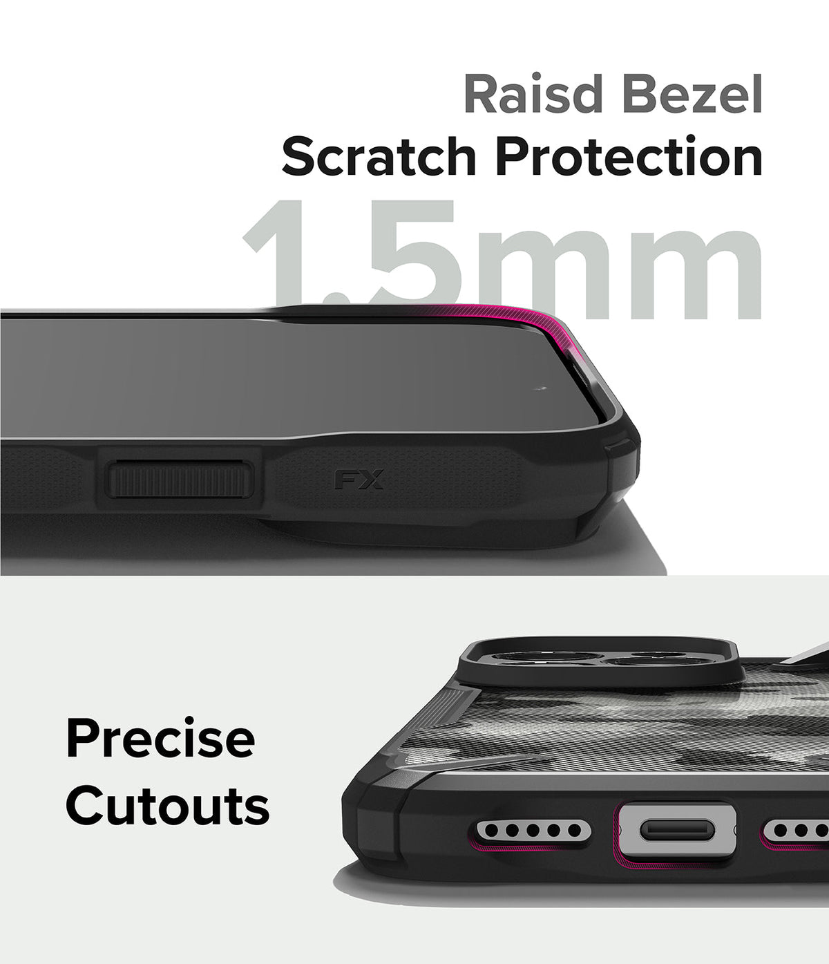 iPhone 15 Pro Case | Fusion-X - Close-up of phone case showing 1.5mm raised screen bezel and precise port cutouts.