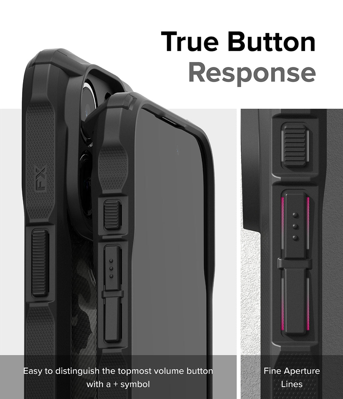 iPhone 15 Pro Case | Fusion-X - Close-up of black phone case buttons with tactile symbols and fine aperture lines for responsiveness.
