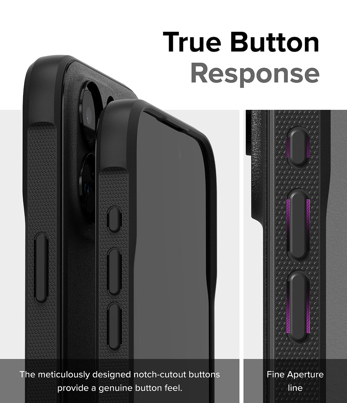 iPhone 15 Pro Case | Onyx - Close-up of black phone case buttons with notch-cutouts for tactile response and fine aperture lines.