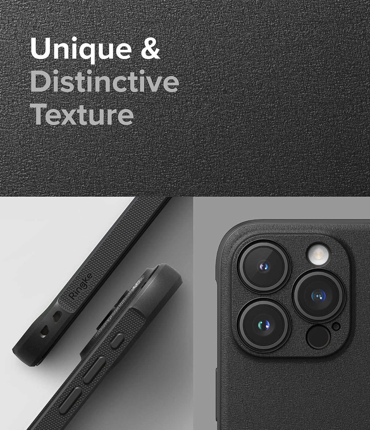 iPhone 15 Pro Case | Onyx - Black phone case with textured surface, side buttons, and camera lens cutout details.