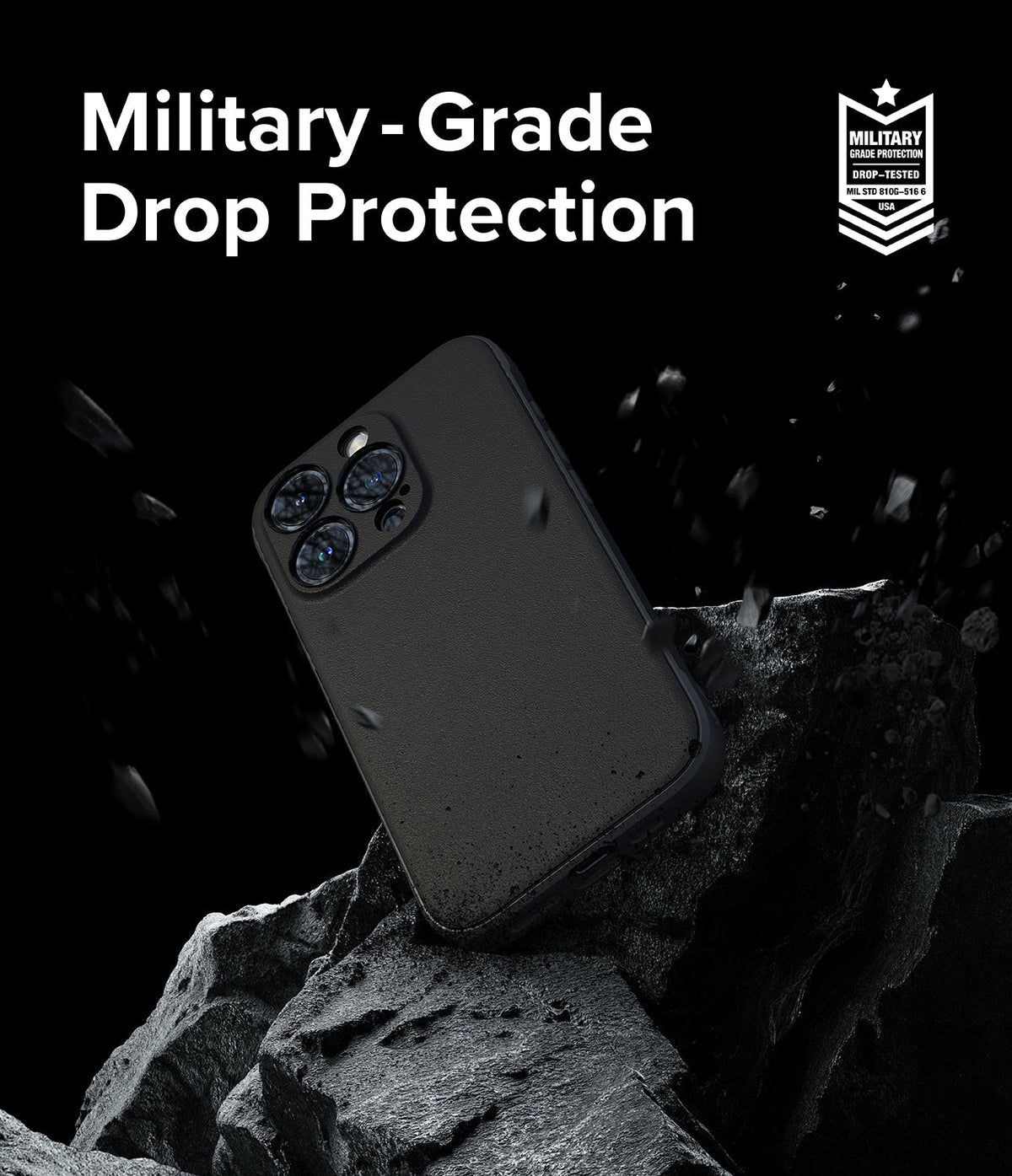 iPhone 15 Pro Case | Onyx - Black phone case hovering over jagged rocks with military-grade drop protection text and badge.