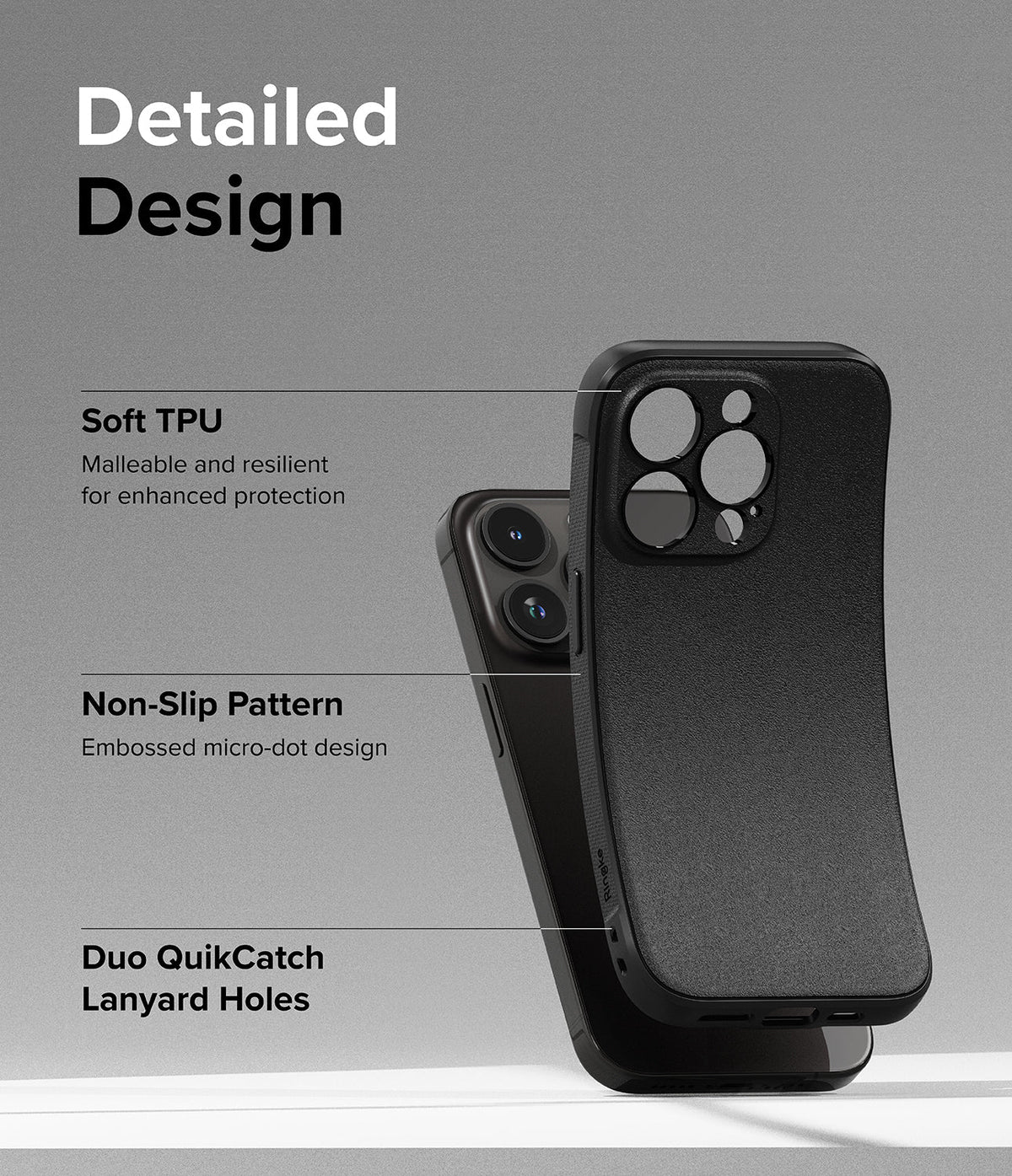 iPhone 15 Pro Case | Onyx - Black phone case showing TPU material, non-slip texture, and lanyard holes with descriptive text.