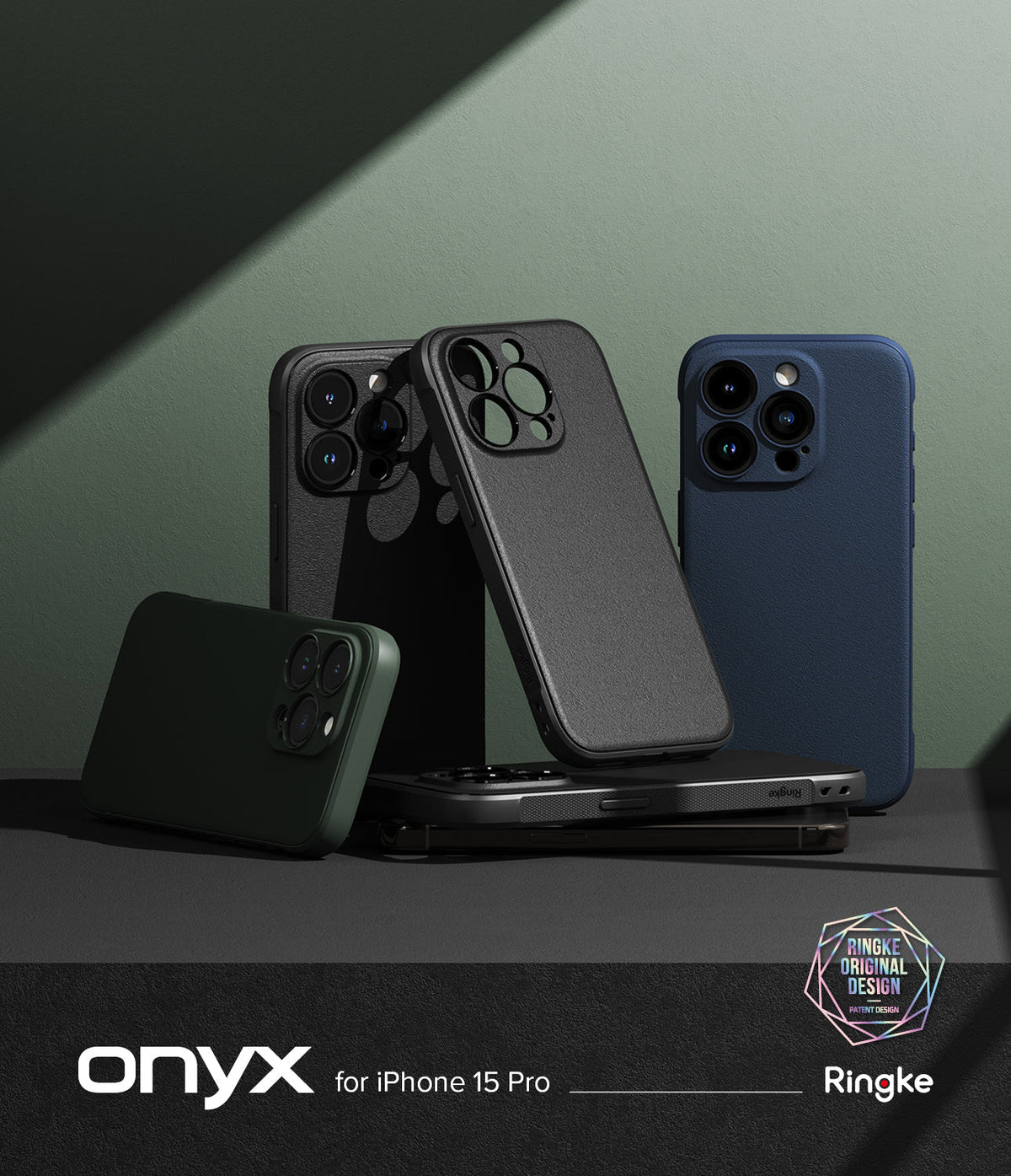 iPhone 15 Pro Case | Onyx - Multiple textured iPhone 15 Pro cases in black, blue, and green arranged on a dark surface.