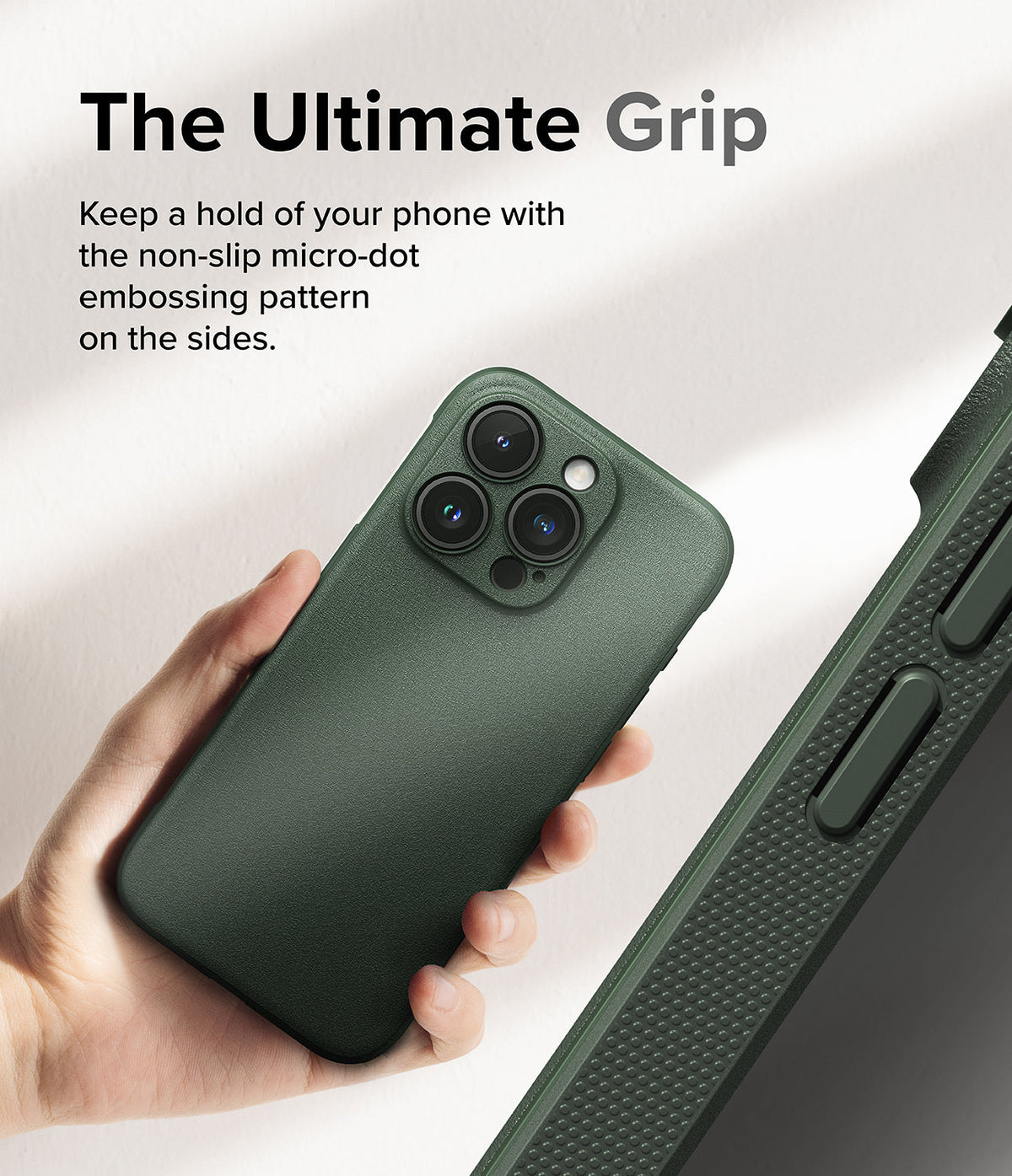 iPhone 15 Pro Case | Onyx - Hand holding a dark green phone case with a textured, non-slip micro-dot side grip pattern.