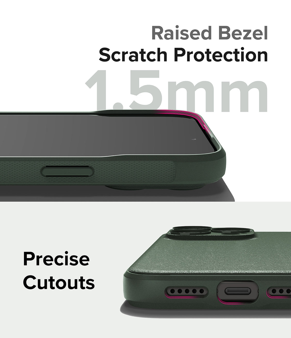 iPhone 15 Pro Case | Onyx - Close-up of a dark green phone case showing a 1.5mm raised screen bezel and precise port cutouts.