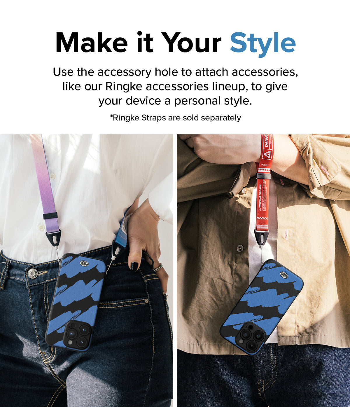 iPhone 15 Pro Case | Onyx Design - Two people wearing blue and black patterned phone cases attached to colorful lanyards.