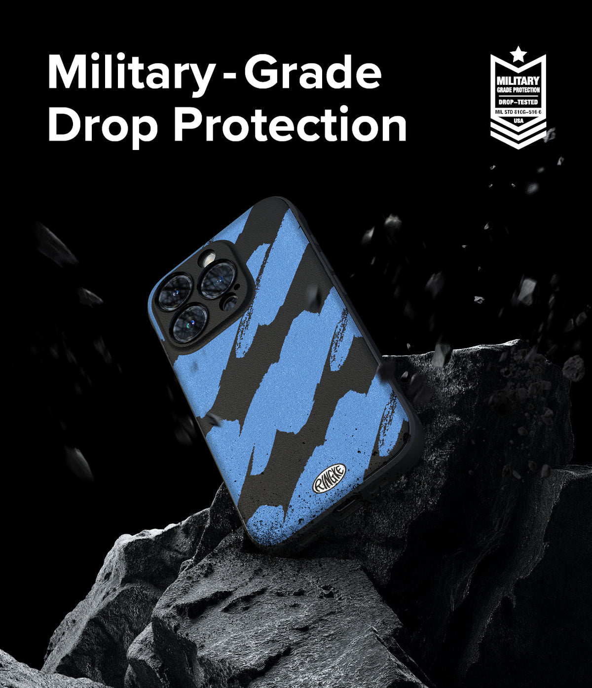 iPhone 15 Pro Case | Onyx Design - Blue and black patterned phone case resting on a rock with debris and military-grade text.