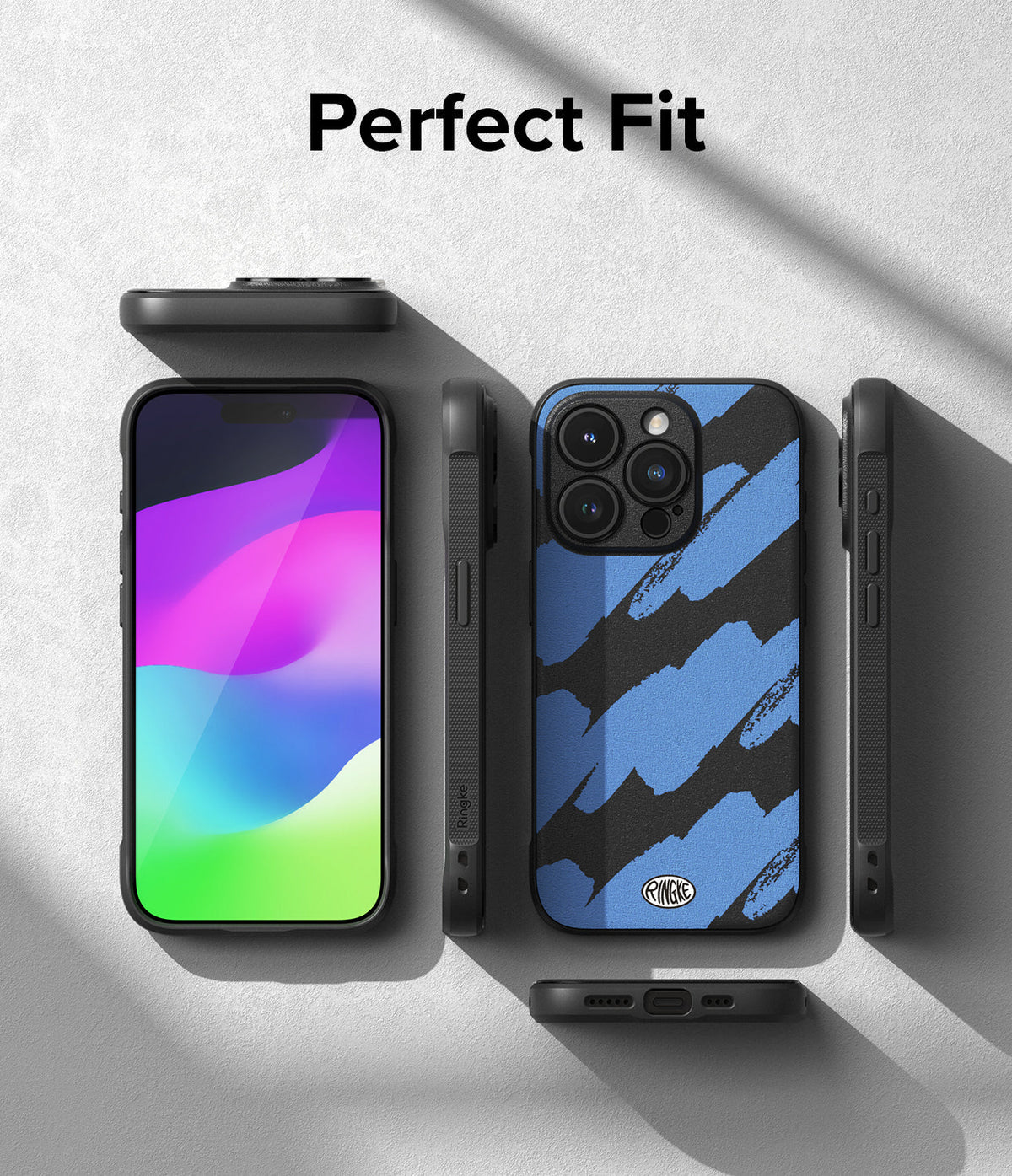 iPhone 15 Pro Case | Onyx Design - Multiple views of a phone case with a blue and black brushstroke pattern on a gray background.