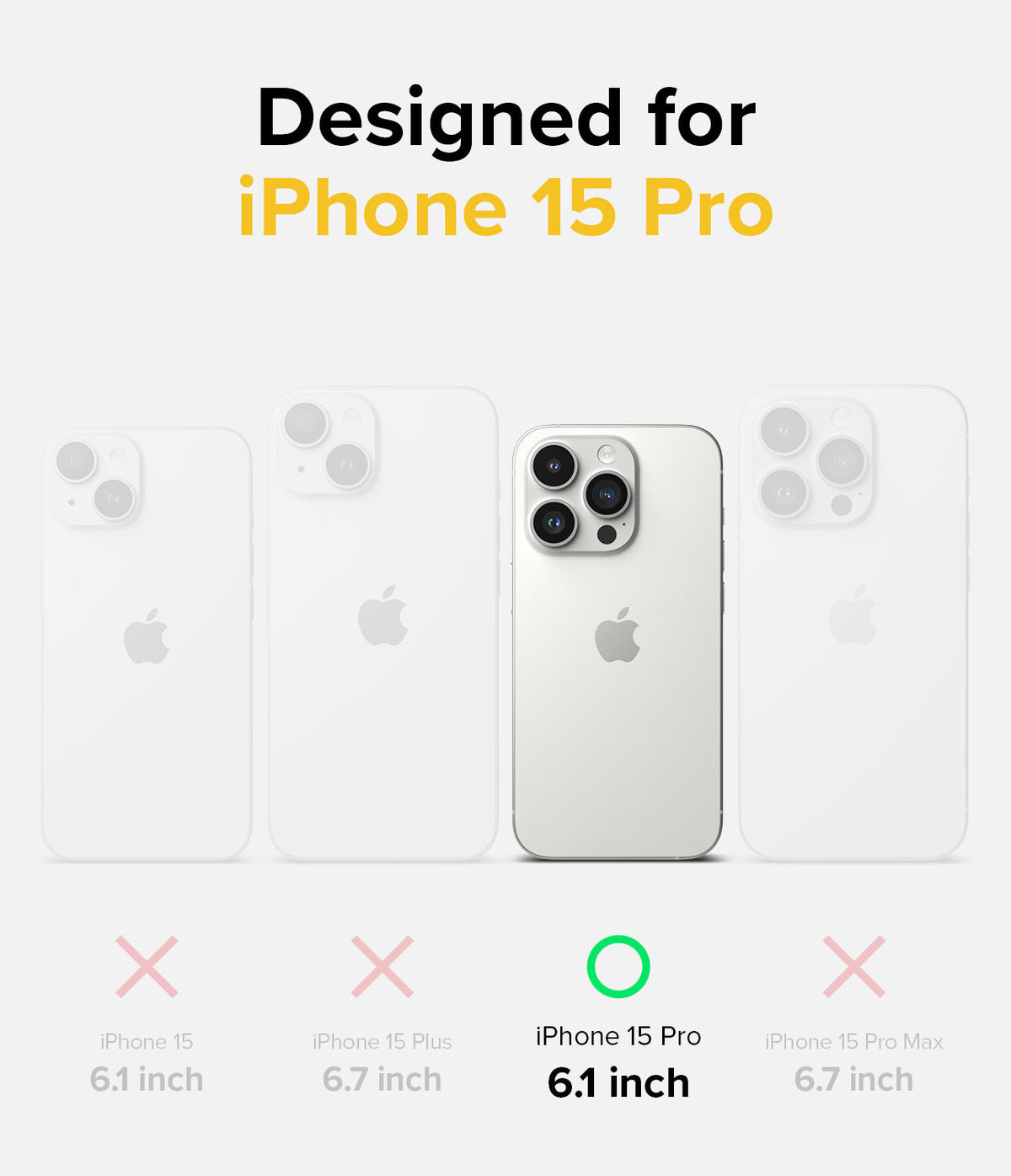 iPhone 15 Pro Case | Onyx Design - Comparison chart highlighting the iPhone 15 Pro as the compatible model among four phones.
