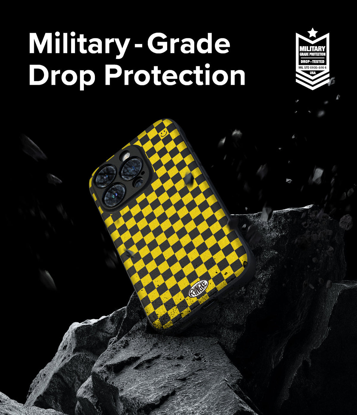 iPhone 15 Pro Case | Onyx Design - Yellow and black checkered phone case on a rock with debris and military-grade text.